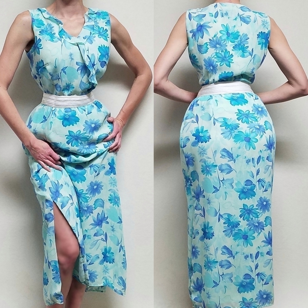 Vintage Retro Y2K Worthington Ice Blue Floral Ruffle Top Side Slit Maxi Skirt 10